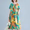 Johnature летнее платье Print Женская одежда повседневная кармана O-образным вырезом Свободные с короткими рукавами Краткое досуга женские платья 210521