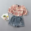 2-7 years High quality girl clothing sets summer casual plaid solid kid children shirt+demin pant 2pcs 210615