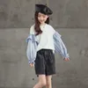 Enfant en bas âge fille vêtements d'automne coréen enfants manches à volants patchwork sweats printemps adolescent bas bleu rayé chemises 210622