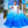 2021 화이트와 블루 coloful 계층 꽃 여자 드레스 푹신한 얇은 얇은 껍질 스커트 키즈 생일 파티 가운 깃털 아이 미인 드레스