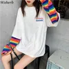 Regenboog gestreepte nep twee stukken t-shirt vrouwen casual losse harajuku bf tops vrouwelijke Koreaanse mode streetwear 91296 210519