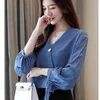 Camisas de gasa de manga larga de primavera para mujer Tops y blusas sueltas Blusa sólida azul Blusas 1985 50 210521