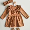 Toddler Kid Neonate Abiti casual Solid Ruffle Long Seeve Dress Outfit Vestito estivo Fascia Cute Grils Dress Q0716