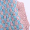 Kvinnor Vår Höst Fashion Sweet Blue And Pink Lattice Sweater Kvinna Girl Feeling V-Neck Vest Pullover Chic Top 210520