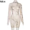 Klious Sexig Mesh Mini Dress Kvinnor Estetisk Gradient Utskriftskedja Party Midnight Style Hipster Långärmad Turtleneck Clubwear Y1204