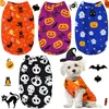 4色の犬のアパレルハロウィーンシャツ通気性ペットTシャツプリントかわいい子犬の服装カボチャの幽霊の幽霊のバッグのための犬のための犬のための犬の服は小さな犬l a117