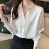 Koreanska silke kvinnor skjortor blusar satin vit kvinna långärmad grundläggande plus storlek 210604