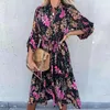 Vestidos casuales Otoño Moda Vintage Estampado floral Manga larga Mujer Camisa de gasa Vestido elegante con cordones Irregular Maxi 2021