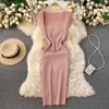 Knitted Bodycon Dress Women Elegant Solid Low Cut Square Collar Short Sleeve High Elastic Slim Split Sexy Party 210603