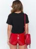 Ahagaga faux pu shorts de couro mulheres calças lace up vermelho preto cintura alta feminina sexy bandage mini buttoms 210724