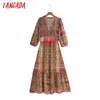 Moda Donna Paisley Stampa Stampa vintage manica lunga V Collo a V Pieghettato Tunic Tunic Dress MIDI 6Z74 210416