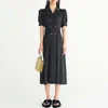 [EAM] Women Black Long Vintage Double Breasted Dress Lapel Short Sleeve Loose Fit Fashion Spring Summer 1DD6000 210512