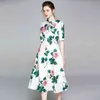 Summer Fashion Runway Women Rose Floral Print Dress White Elegant Bow Tie Ladies Short Sleeve Party Dresses 210520