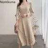 Nomikuma Elegancka Plisowana sukienka Kobiety Slim Talii Mid Calf Dresses Solid Color Color Collar Z Długim Rękawem Vestido Koreański Chic 3d393 210514