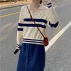 Autumn Student Lapel Stripe All-Match Simple Retro Knit Tröja Temperament Sweater Långärmad all-match Top Female Forest 210412