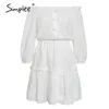 Frauen sexy weißes schulterfreies Kleid Sommer solide Rüschen Baumwollkleider Vintage Urlaub Strand kurze weibliche Vestidos 210414