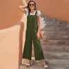 Mode kvinnor Solid Jumpsuits Sommar Sexig Ärmlös Vintage Button Pocket Wide Leg Playsuits Loose Dungarees Lång Rompers 210522