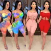 Women Tie-dye Tracksuits Two Piece Outfits Sexy One Shoulder Shorts Summer Skinny Shirt Leggings Sport Suit Clothes