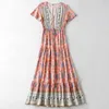 Geïnspireerd perzik bloemen maxi v-hals korte mouw zomer trekkoord taille katoen voor vrouwen nieuwe jurk 210412
