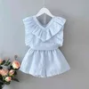 소녀 의류 세트 한국어 여름 줄무늬 ruffles 탑 티셔츠 + 바지 어린이 양복 유아 아기 어린이 210515