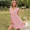 Surmiitro Sexy V Collo D Donna Estate Dress Summer Black Red Blue Plaid Ruffles Sundress Tunica Beach Party Sun Mini Dress Femmina 210712