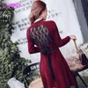French ladies backless lace stitching knitted women's autumn and winter lace-up base dress 210416