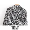 TRAF Women Fashion Zebra Print Beskuren Blazer Coat Vintage Långärmad Animal Mönster Kvinna Ytterkläder Chic Toppar 210415