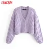 Maglione vintage da donna in maglia viola con bottoni, maglione lavorato a maglia oversize Lady Twist 3H172 210416