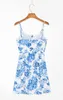 Sexy French Blue Floral Print Spaghetti Pasek Kobiety Mini Sukienka Powrót Zamek Zipper Cross Sznurowanie UP Collar Sling Wakacje Suknie 210429