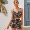 Daisy Drukuj Kobiety Dwuczęściowy Zestaw Czarny Lace Up Cami Top i Wzburzyć Hem Spodenki 2 Letnie wakacje Boho Sets 210510