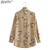 Women Vintage Animal Horse Print Breasted Shirts Office Ladies Long Sleeve Business Blouse Chic Female Tops LS9172 210416
