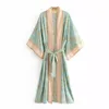 Fitshinling Baskı Çiçek Plaj Kimono Mayo Sashes Pamuk Ince Bohemian Tatil Uzun Hırka Seksi Yeşil Kapak Satış 210722