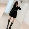 Aelegantmis Elegant Black Long Blazer Jackets Women England Style Vintage Suits Coat Double Breasted Business Slim Female 210607