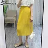 Sommar lång pläterad kjol Kvinnor Koreansk stil gul elegant hög midja estetisk Midi Split Kvinna 210421