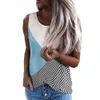 Ladies Casual Tops O Neck Contrast Color Stripe Print Patchwork Sleeveless T Shirt Women Loose Plus Size Streetwear Tee Shirts 210603