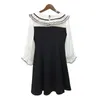 Lace Black White Patchwork Dress Sailor Collar Button 3/4 Sleeve Mini Elegant Office Lady D 210514