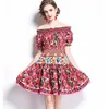 Runway Ruche Floral Print Dames Uit Schouder Slash Neck Backless Summer Jurk Mini Party Vestido 210529