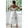 Sommar kvinnor vit spets lång tunika strand spaghetti rem lös sexig backless maxi klänning 210415