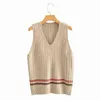 Evfer Women Autumn Casual Striped Yellow Knitted Pullover Sweaters Female Fashion V-neck Sleeveless Jumpers Girls Knitwear Vest Y1110