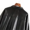 Frauen Schwarz Faux Leder Mantel Jacke Atumn Winter Mode Taschen Drehen Unten Kragen Kurze Jacken Weibliche Streetwear Outwear 210515