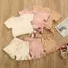 Sommar Barnkläder Set Baby Girls Round Collar Shirt Bowknot Cotton Tops + Lace Shorts 2st / Set ZYY897