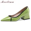 Zapatos de tacón de bloque Meotina, zapatos de mujer con punta en pico de cuero genuino, zapatos de oficina sin cordones, calzado de tacón medio para mujer, verde 210520