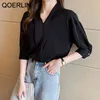 Qoerlin Style Formalne czarne koszule Kobiety Kobiety w rozmiarze Vneck Szyfonowe koszule żeńskie eleganckie pół rękawie Biała bluzka 210412