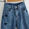 Neploe jeans kvinnor koreanska höga midja casual byxor våren nya bottnar hjärta broderi vintage denim harem byxor mujer 210422