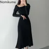 Nomikuma Elegant Dress Women Slim Waist Long Sleeve Mid Calf Autumn Temperamnet Knitted Dresses Female Robe Femme 3d616 210514