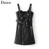 Chic Femmes PU Cuir Solide Mini Robe Une Ligne Sans Manches Slim Dames Robes Sexy Dos Nu Fermeture Éclair Ceintures Streetwear Robe Femme 210515