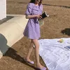 Femmes V Cou Puff Manches Courtes Une Ligne Mini Robe Summer Beach Femme Plaid Violet D1952 210514