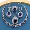 Earrings & Necklace Classic Huge Blue Stones Silver Color Jewelry Sets For Women Bracelet Ring Party Gift Box