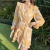 Pista Boho vestido mujer amarillo impreso verano volantes vintage mini bodycon femenino cintura alta lujo es 210603