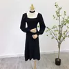 Autumn Vintage Square Neck Puff Sleeve Knitted Dress Women Slim Casual Sweaters Bandage Dresses Fashion All-match Bottom Solid 210610